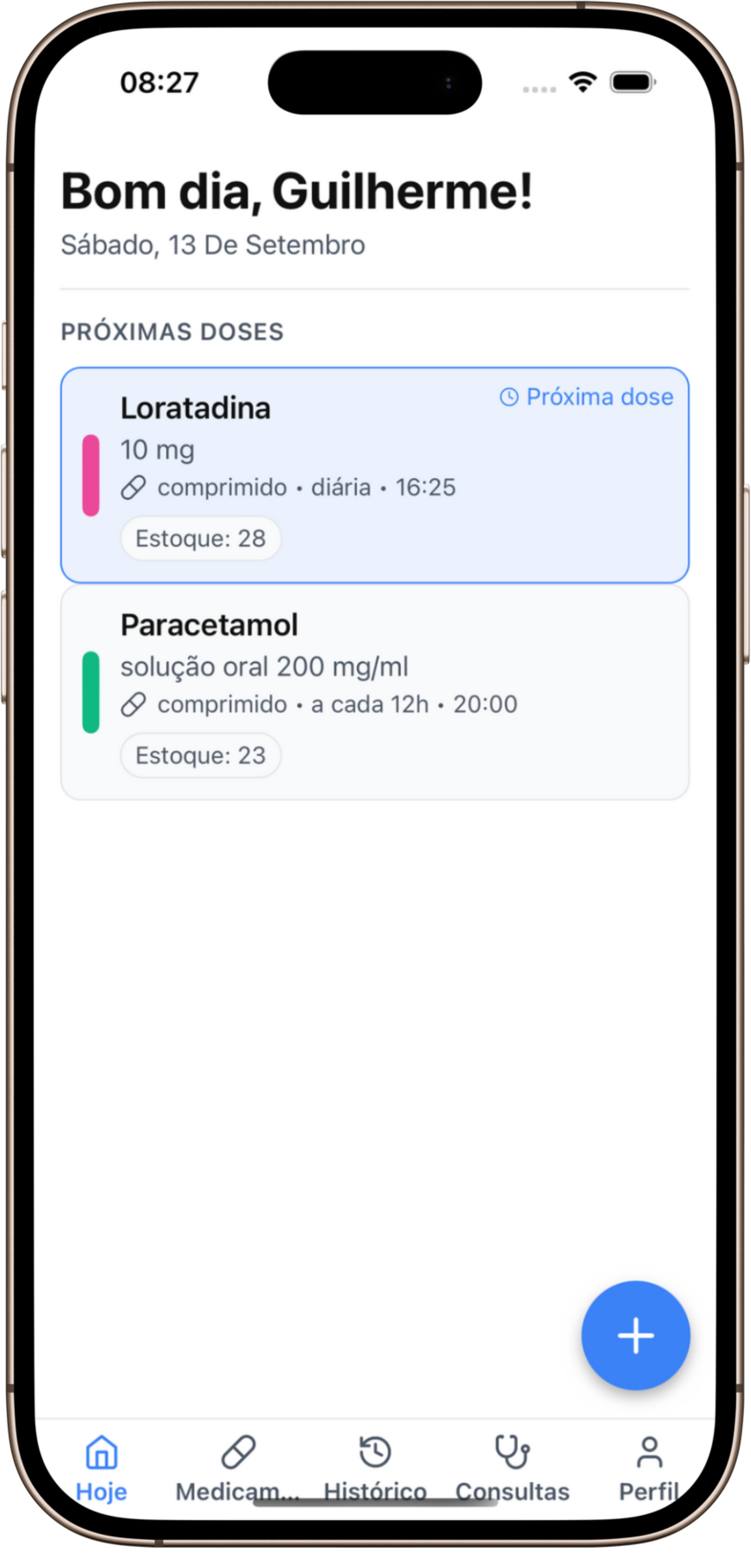 Tela do histórico de medicamentos no MedControlApp